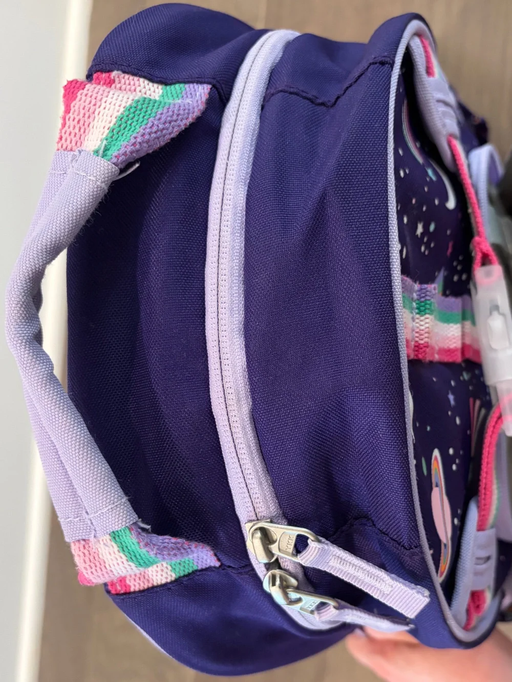 “Emily” SMALL PBK backpack, 15”, purple rainbow heart galaxy. USED